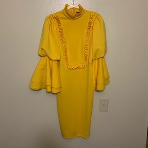 Bright yellow scuba dress with bell sleeves knee length
